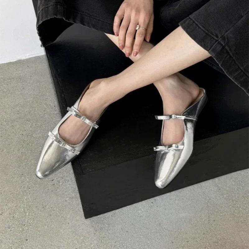 2024 Neue Luxus Schleife Mary Jane Damen Spitz Glänzend PU Leder Flache Ballerinas Partykleid Damen Hausschuhe Zapatos De Mujer
