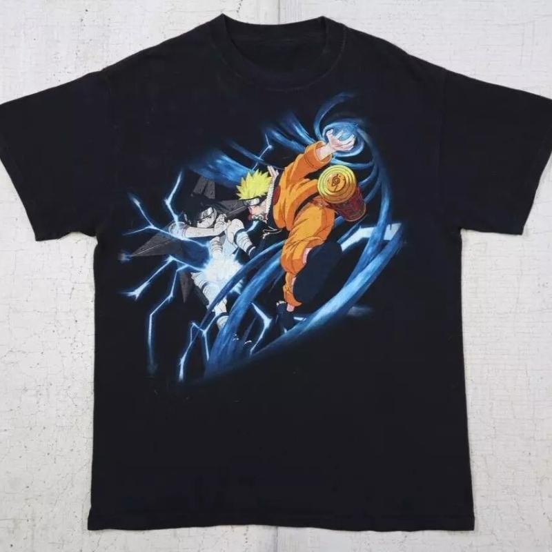 Vintage 2002 Teen Jumping Naruto Giant Thunder Print Anime T-Shirt Summer New Men's and Women's Anime Streetwear