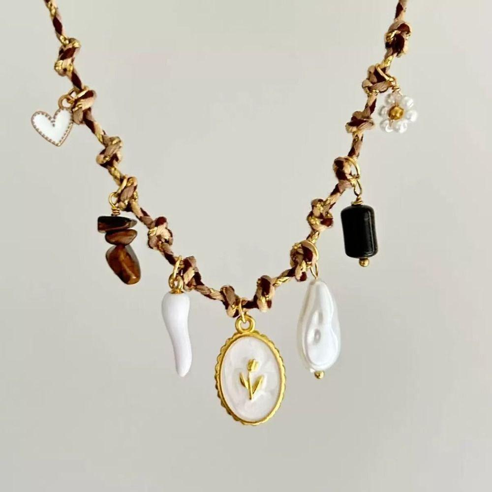 Copper DIY Knotting Rope Chain Pearl Accent Gold-Plated Necklace Turtle Pendant Necklace Summer