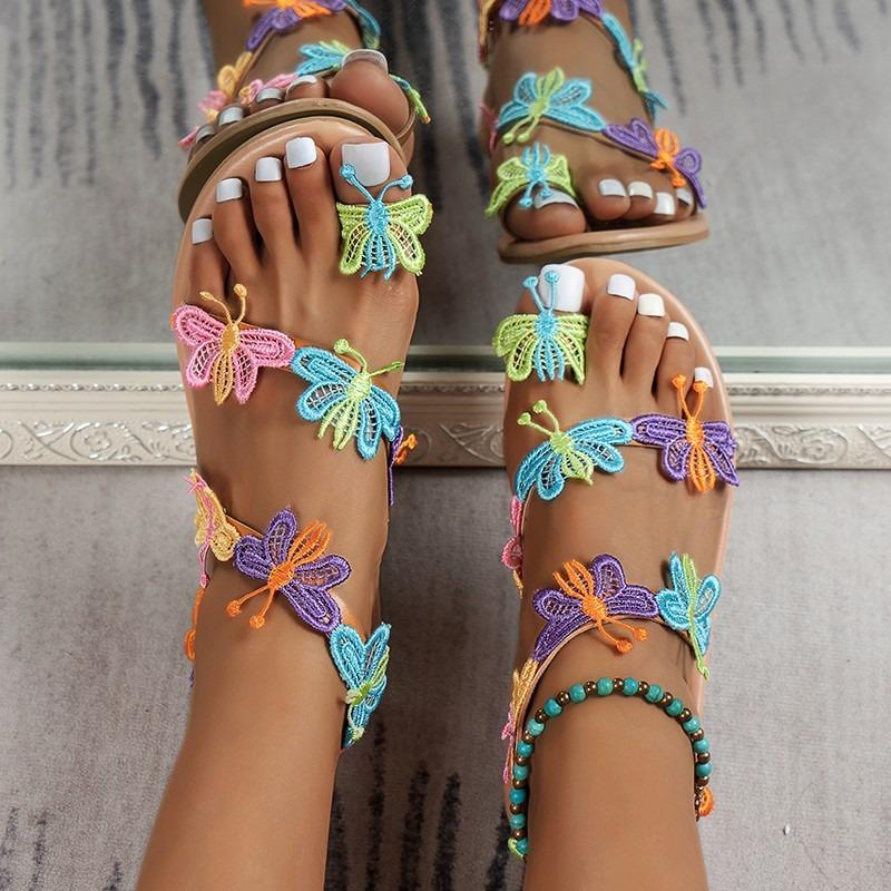 Simple Bohemian Sandals Colored Butterfly Flower Set Toe Large Size Flat Bottom Set Toe Beach Sandals Women's Summer