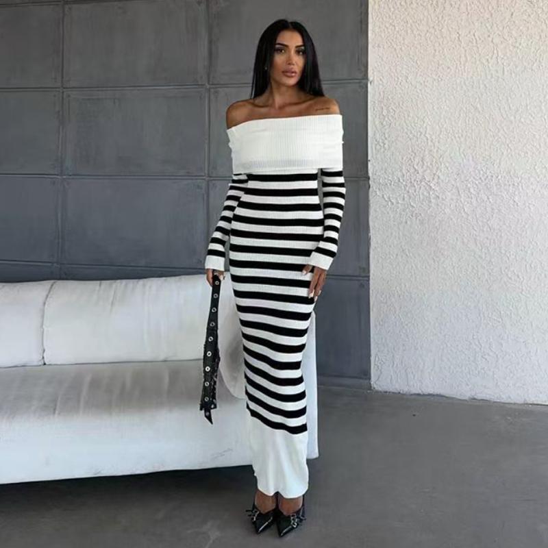 

Модное полосатое повседневное трикотажное сексуальное платье с разрезом по горловине женское винтажное длинное платье с открытыми плечами женские платья элегантное облегающее летнее макси-платье 25951 One Size
