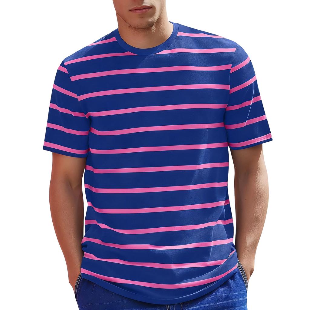 T-shirt a maniche corte a righe da uomo con girocollo, vestibilità classica, top casual, materiale in cotone morbido e confortevole