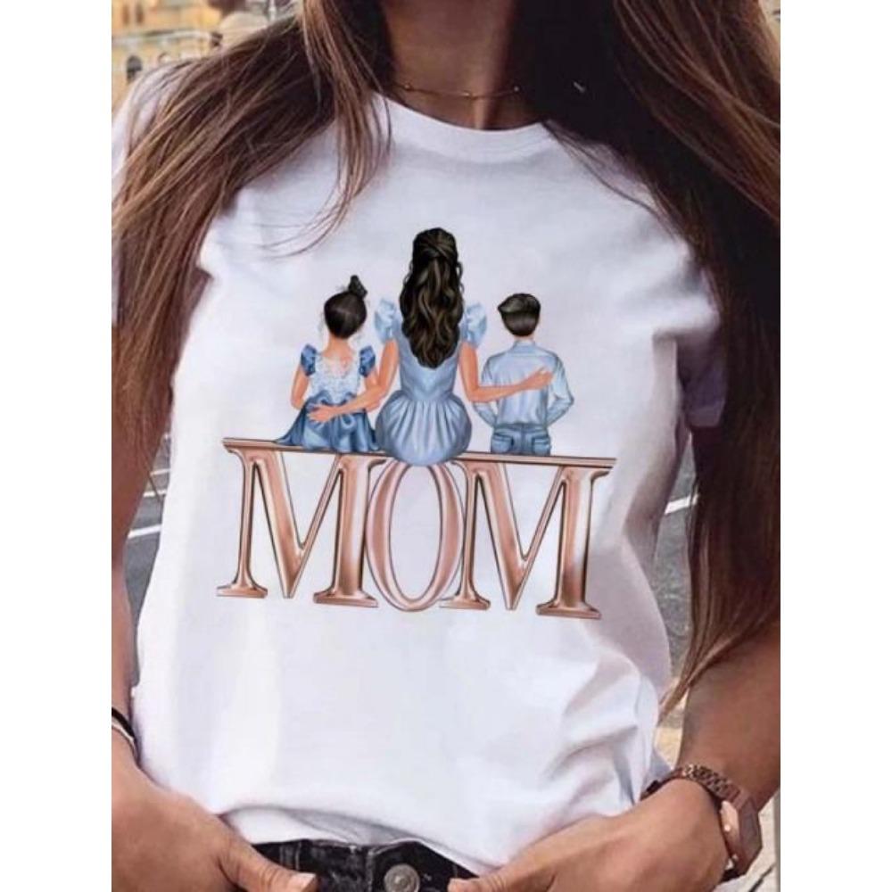 Maycaur Women T Shirt Cartoon Mom Daughter Son Print Lady T-shirts Short Sleeve Tops Women's Kawaii Graphic Female Tshirt Clothe