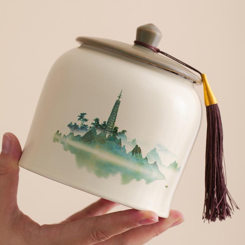 Classic Green Hill Ceramic Tea Caddy Gift Box - Empty Storage Jar for Black & Green Tea with Custom Logo