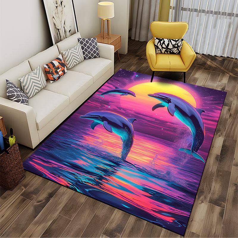 Jumping Dolphins Sunset Scene suitable as a non-slip mat for the living room or bedroom sofa
