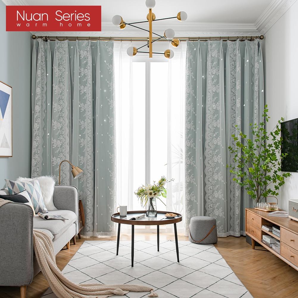 A Set of Nuan Series Hollow Star Blackout Curtain and Lace Sheer Curtains Integrated Gauze Curtain and Curtain for Living Room Bedroom Home Decor