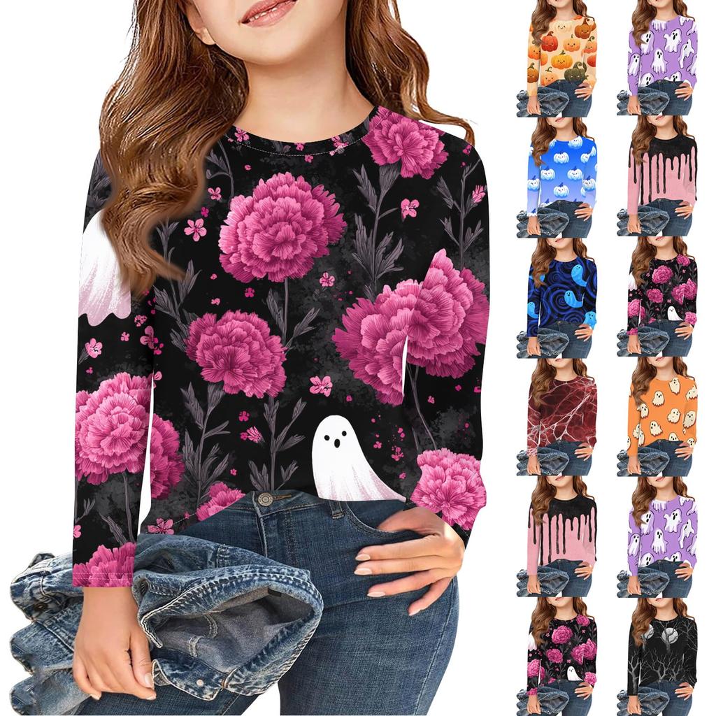 Girls Long Sleeve T Shirts Kids Fall Tops Crewneck Halloween Printed Basic Tees 3-9Y