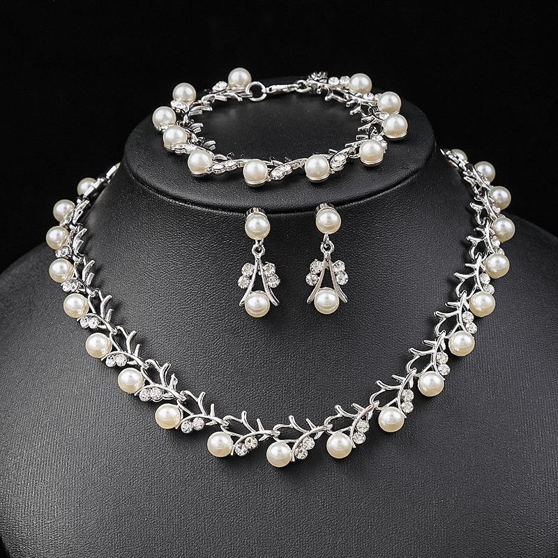 Korean Version of Pearl Necklace Earrings Set Bridal Dress Versatile Accessories Small Fresh Alloy Electroplating Three-piece Set