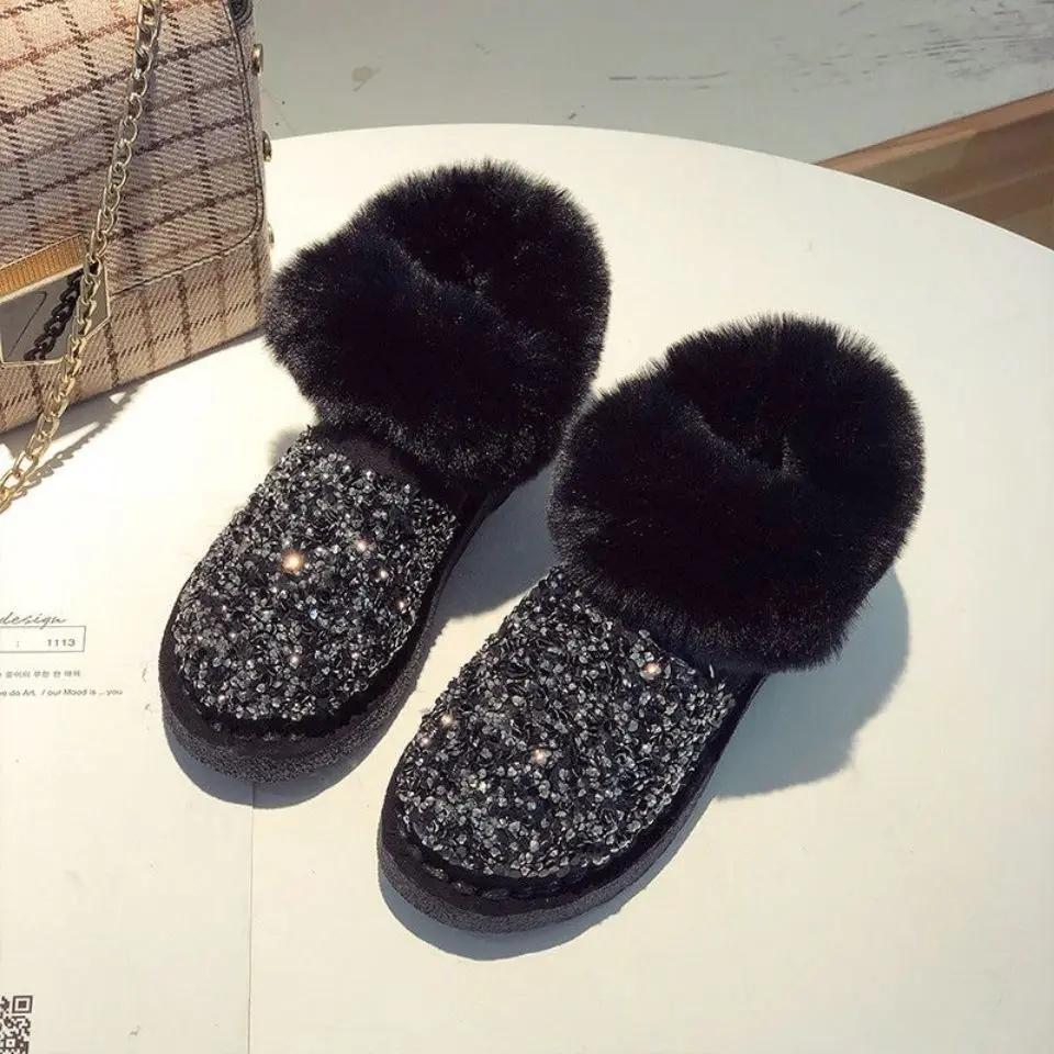 Womens Snow Boots Sexy Round Toe Shoes for Women Rhinestone Elegant with Low Heels Plus Warm Y2k Anti Skid On Promotion Gyaru Pu