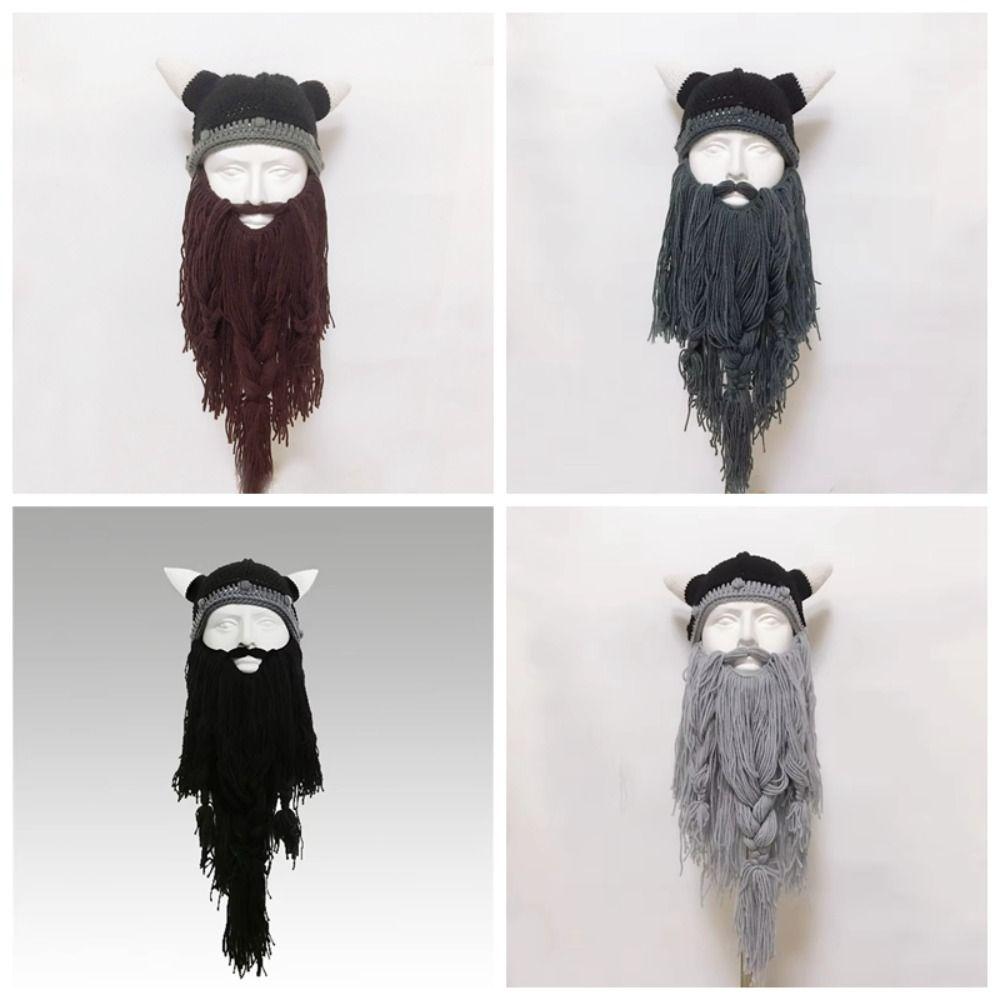 Horn Hat Viking Beard Beanie Handmade Knit Big Beard Mask Hat Wig Beard Hats Costume Accessory