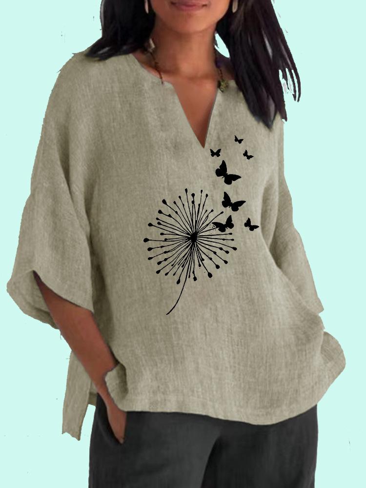 

Женская модная рубашка с длинным рукавом и принтом 3/4, повседневная рубашка с V-образным вырезом, женская свободная хлопковая льняная блузка 3XL хаки