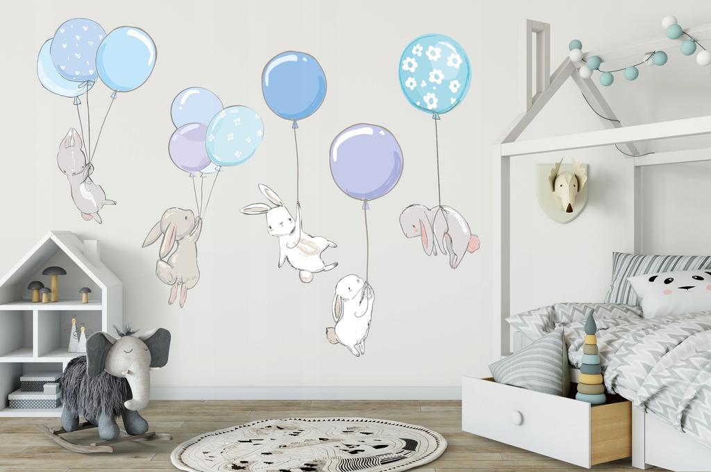 Decorative Sticker For Kids - Rabbits With Balloons Blue