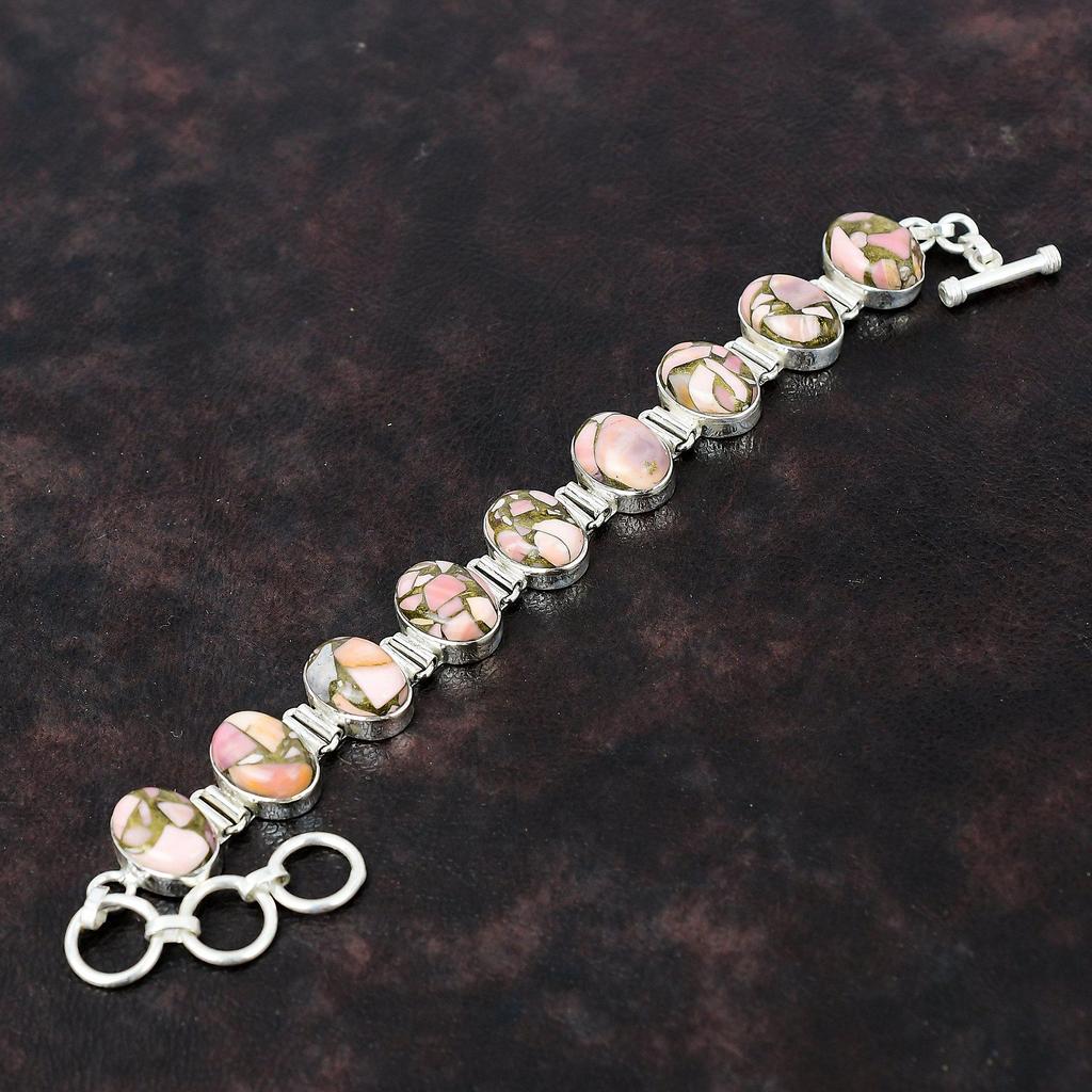 Copper Pink Opal Bracelet Designer Gemstone Jewelry 925 Sterling Silver Bracelet Handmade Bracelet Adjustable Chain Bracelet Gift For Mother