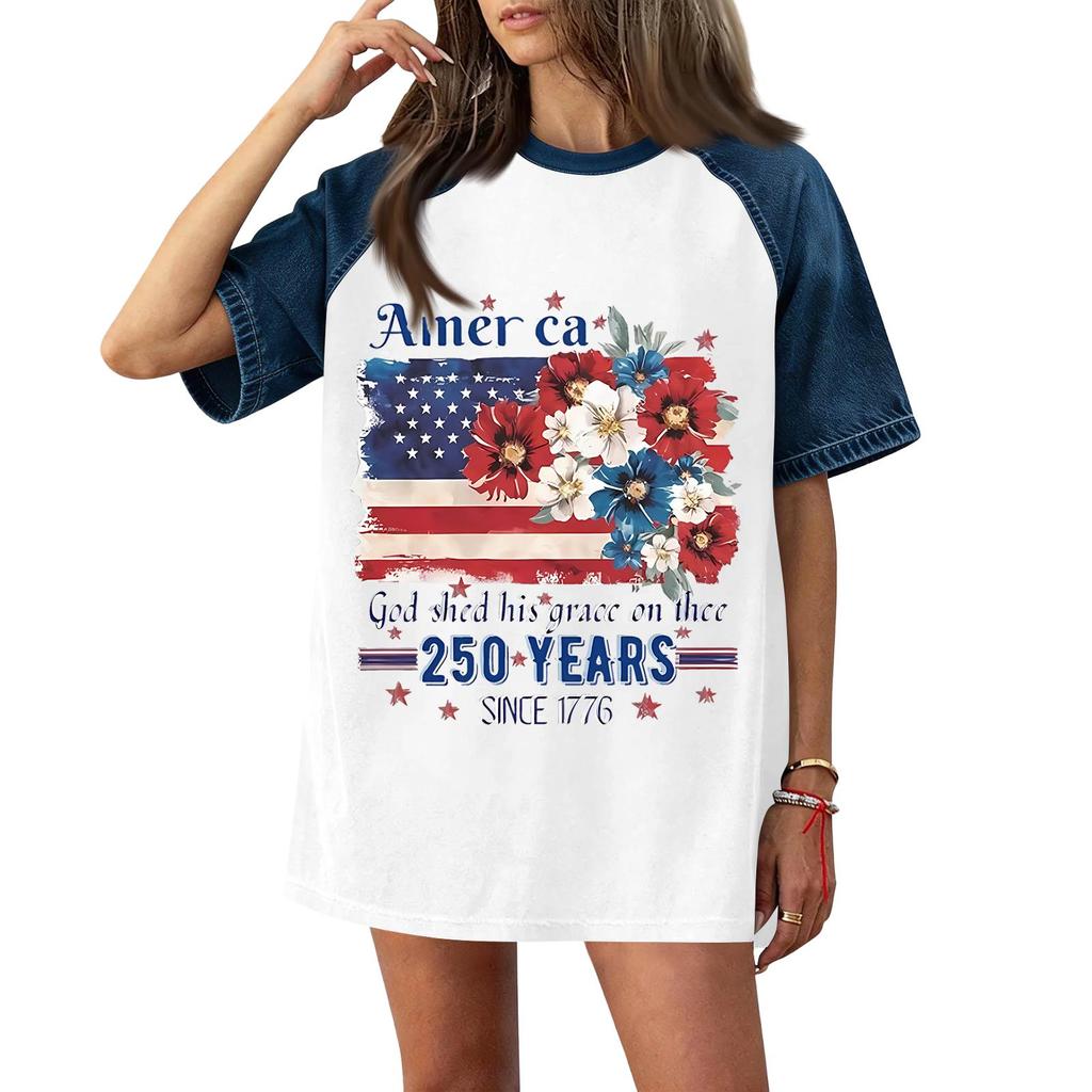Denim Patchwork Shirts For Women Stand Collar Casual Blouse Short Sleeve Comfy Tshirt Spring Summer Fashion