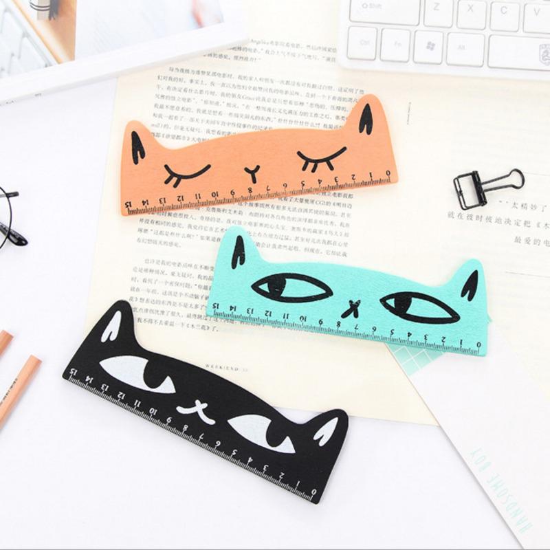 1 bucată drăguț Kawaii pisică neagră pisicuță riglă dreaptă unelte din lemn pentru cusut desene desenate, birou, școală, articole de papetărie