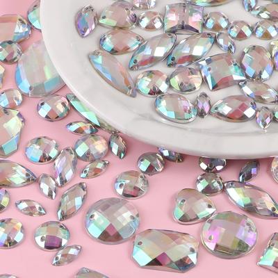100pc Sewing Gems Mixed Shapes Crystal Acrylic Sew On Rhinestones with 2 Holes Mixed Sizes Sewing Rhinestones for Clothes Shoes