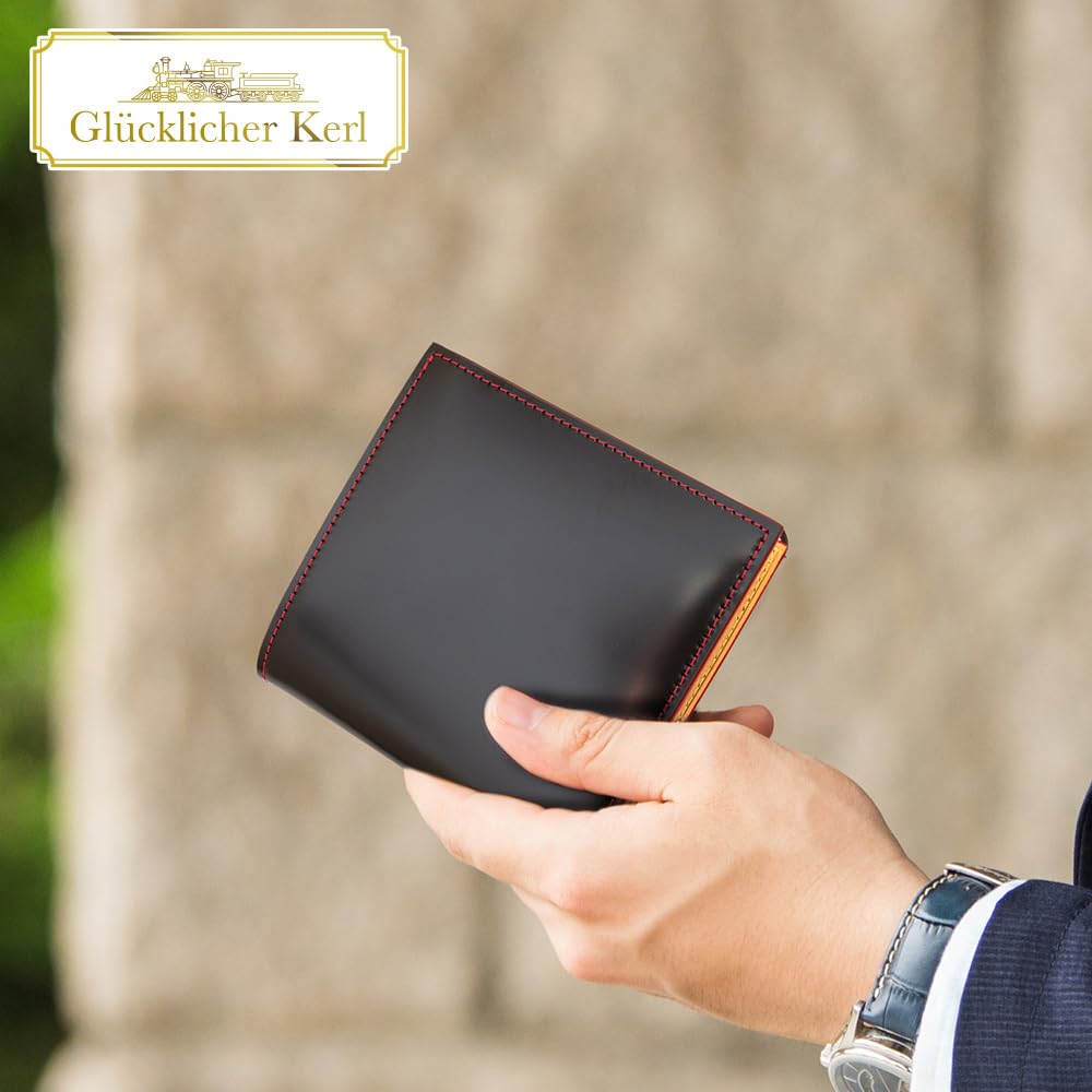 Glücklicher Kerl Men's Cordovan Leather Bifold Wallet with Coin Purse, Free Personalization, Birthday Gift for Dad, GK-018 (Black)