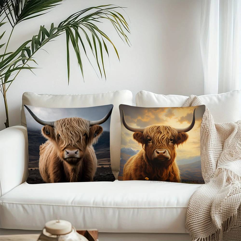 Highland Cattle Pillow Case Fashion Square Pillowcase Bedroom Sofa Room Ins Decoration Leisure