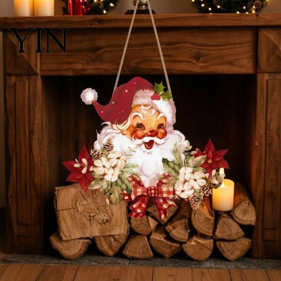 Reusable Christmas Wood Ornament Wooden Santa Claus Hanging Pendant for Christmas, Rustic Floral Wall Sign, Holiday Decor Tree with Hemp Rope