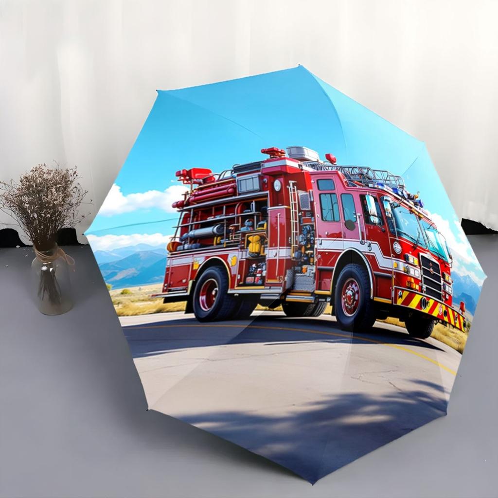 Fire Truck Design Automatic Open Folding Umbrella - 8-Rib Durable Frame, Compact Portable for Travel, Casual & Formal Use, Sty