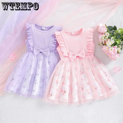 Girl's Sleeveless Dress with Bow and Mesh Dress Children's A-line Dress