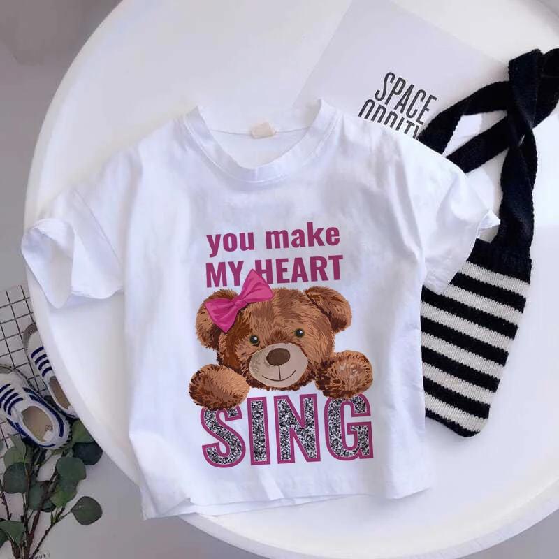 Girls Fashionable Pure Cotton TShirt with Teddy Bear Cartoon Pattern Summer Clothing Fun Childrens Wear Y2K Style