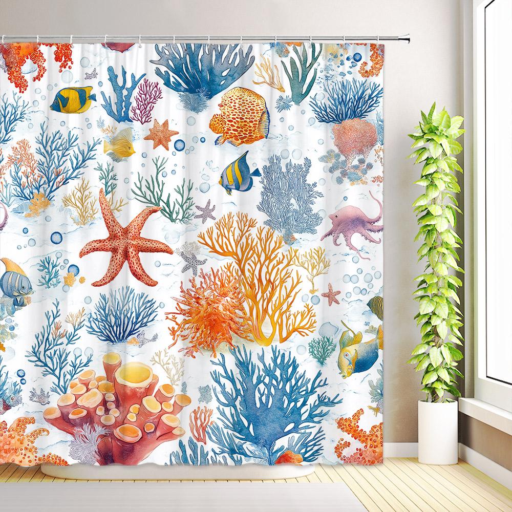 Nautical Coastal Shower Curtain Ocean Beach Seashell Starfish Coral Seahorse Octopus Underwater World Bathroom Decor with Hooks