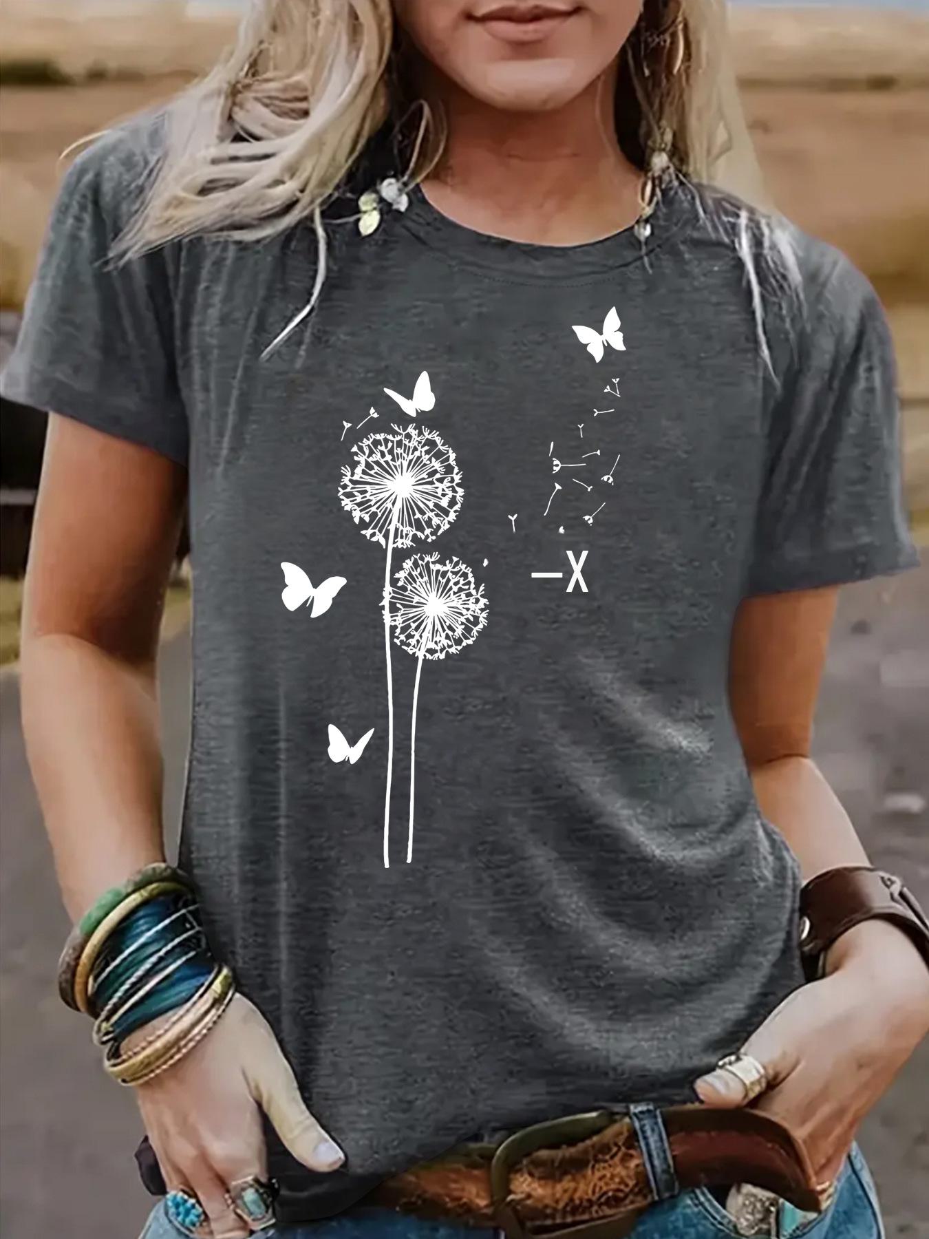 

Женская футболка с круглым вырезом и коротким рукавом с рисунком одуванчика: Европейская и американская летняя мода. XL