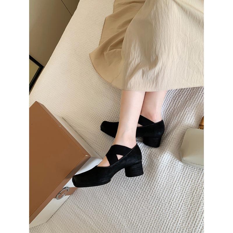 Sheepskin Grape Mom High Heel Single Shoes Women's Vintage Cross Strap Mary Jane Shoes Square Head Pig Nose Thick Heel Ballet Shoes
