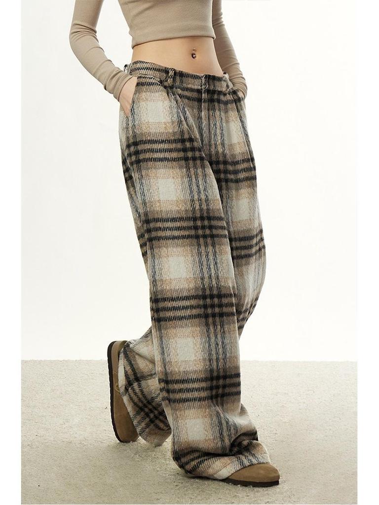 Women's Retro Plaid Wool Wide-Leg Pants - Loose, Versatile Design for Autumn/Winter