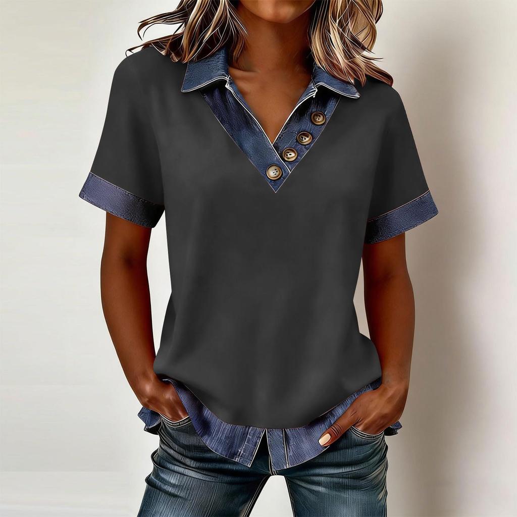 Damen Mode Denim Kragen Patchwork V-Ausschnitt Fake Zweiteiler Kurzarm Lässiges Oberteil