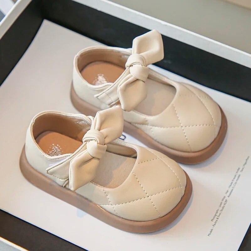 Mädchen-Lederschuhe, Frühlings- und Herbst-Einzelschuhe mit flachem Mund und Schleife für Mädchen, Prinzessinnenschuhe