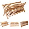 Dish Drying Rack, Foldable Wooden Double Tier Dish Drainer, Sitting Cutlery Dryer Exhaust Draining Rack for Dishes, Plates and Cups