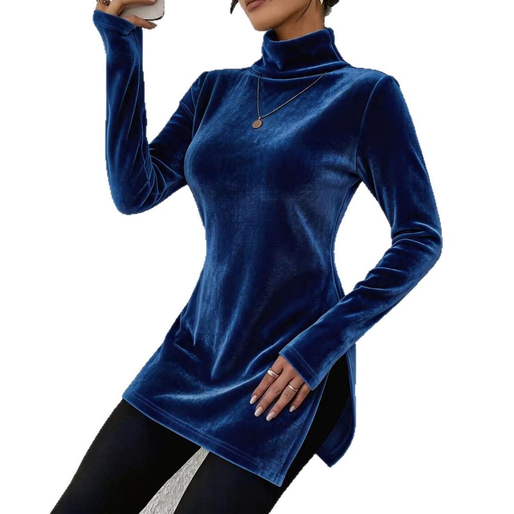 New Women's Velvet Turtleneck Sweater, Slim Fit Split Hem Casual Solid Pullover, Warm Basic Top for Autumn Winter