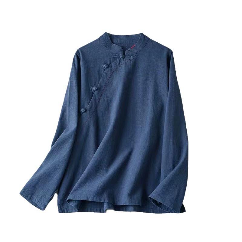 Women's Literature and Art Retro Spring Summer Autumn Cotton Linen Long-sleeved Loose and Thin Blouse Stand-up Collar Diagonal Placket Button-up Shirt