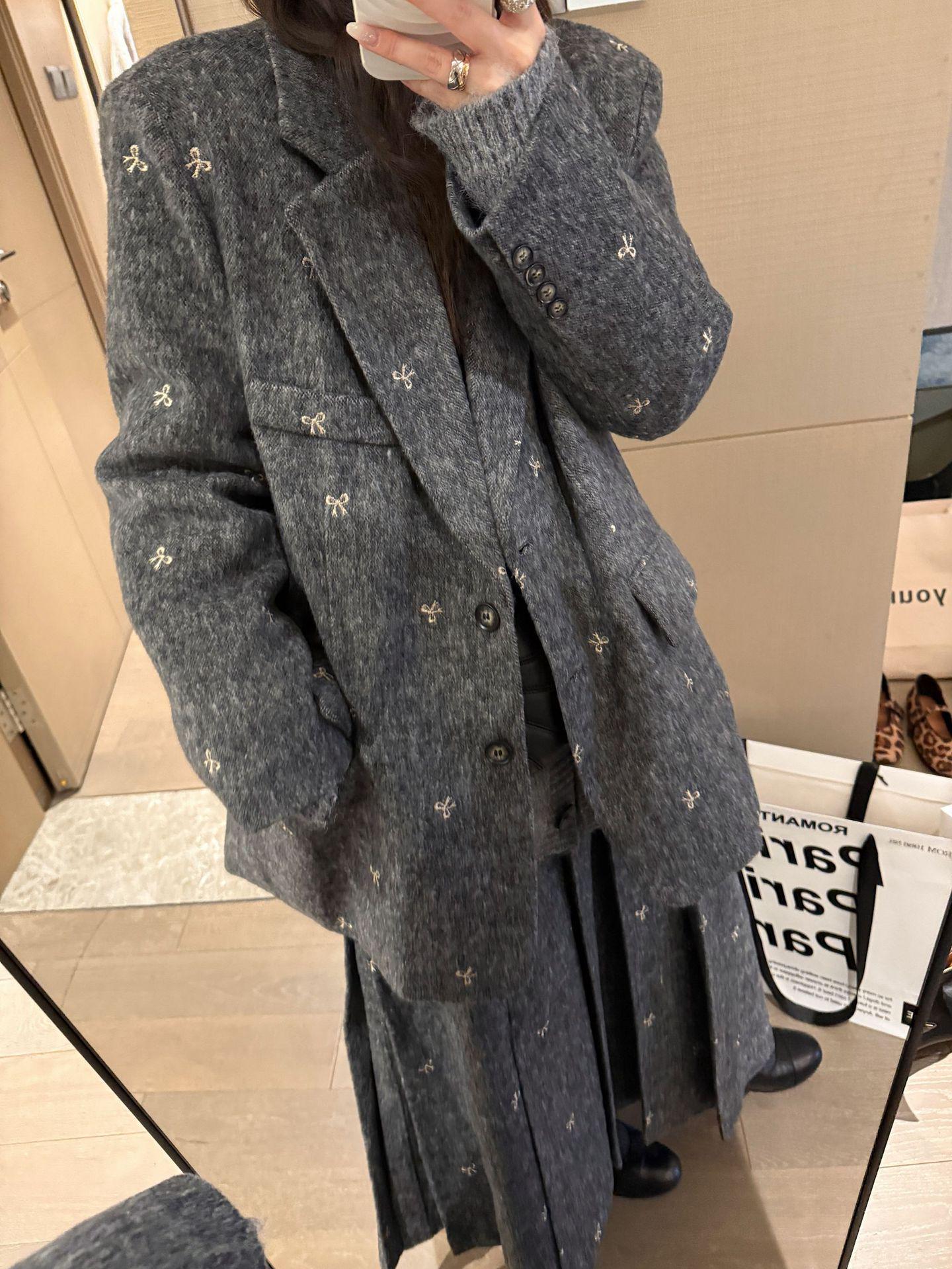 Winter Embroidered Bow Wool Pleated Midi Skirt M