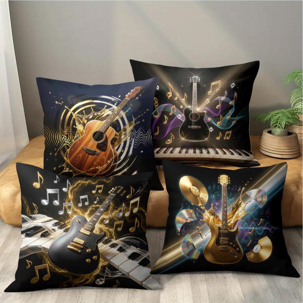 Guitar & Music Note Throw Pillow Covers, Glowing Acoustic Guitar With Sound Wave Print Cushion Cases Rock Music Lover Home Decor