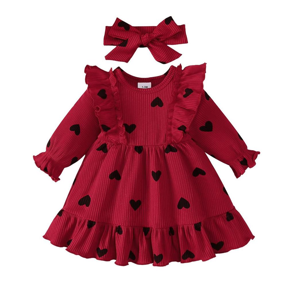 0-18 Months Baby Girl Clothes Sweet 2Pcs Dress Set Ruffle Heart Print Dress with Matching Headband Infant Autumn Casual Outfit