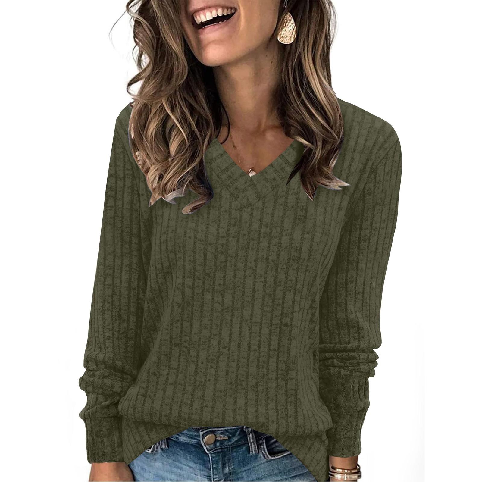 

Women s Fashion Loose V-Neck T-Shirt Solid Colour Long Sleeve Pullover Top M