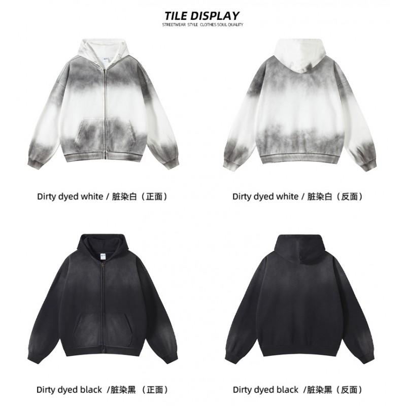 Oversized Cotton Hoodie With Dual Zipper Washed Vintage Gradient Print Unisex Streetwear Sweatshirt Fall