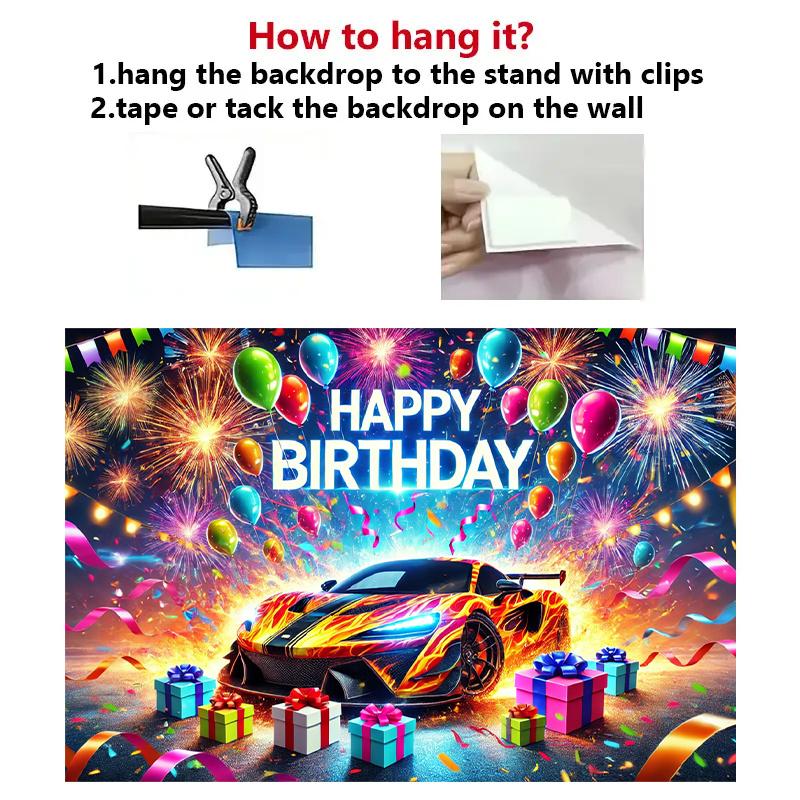 1pc Vibrant sports car birthday party background - polyester banners, fireworks, balloons and gifts, indoor/outdoor decorations