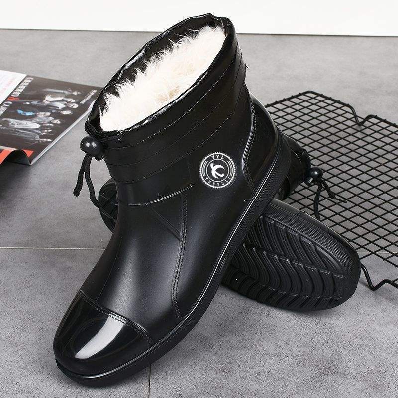 Rain shoes men's short tube winter velvet warm large size waterproof rain boots kitchen non-slip and wear-resistant work rubber shoes overshoes
