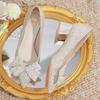 New Full Diamond Bow High Heels for Women, Thick Heels with Sequins, Bridesmaid Wedding Shoes, Pointed Shallow Mouth Pumps