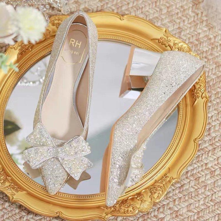 New Full Diamond Bow High Heels for Women, Thick Heels with Sequins, Bridesmaid Wedding Shoes, Pointed Shallow Mouth Pumps