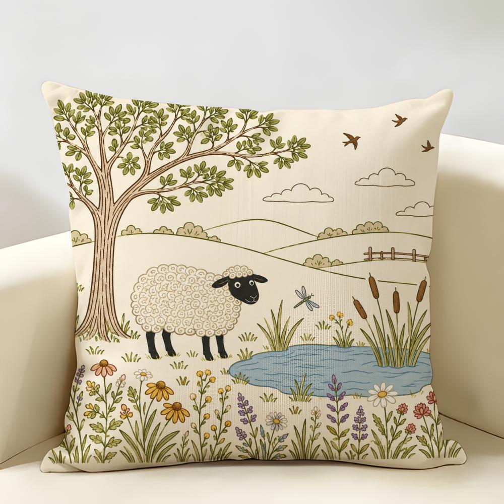 Farmhouse Sheep Cushion Cover Natural Linen Organic Fabric Double-Sided Printing Breathable Perfect For Home Decor