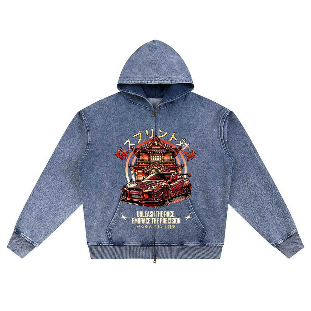 DTG print Knitted Denim Zip-Up Hoodie Precision Brother Print Zipper Hoodies  