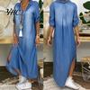 Vestido Jeans Longo Solto Feminino Vintage Verão Decote V Manga Meia Bainha com Fendas Laterais