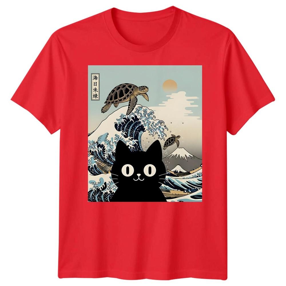 Black Cat Sea Turtle Kai Nichi Bei Yaki Japanese Art Ukiyoe Style Graphic Tee