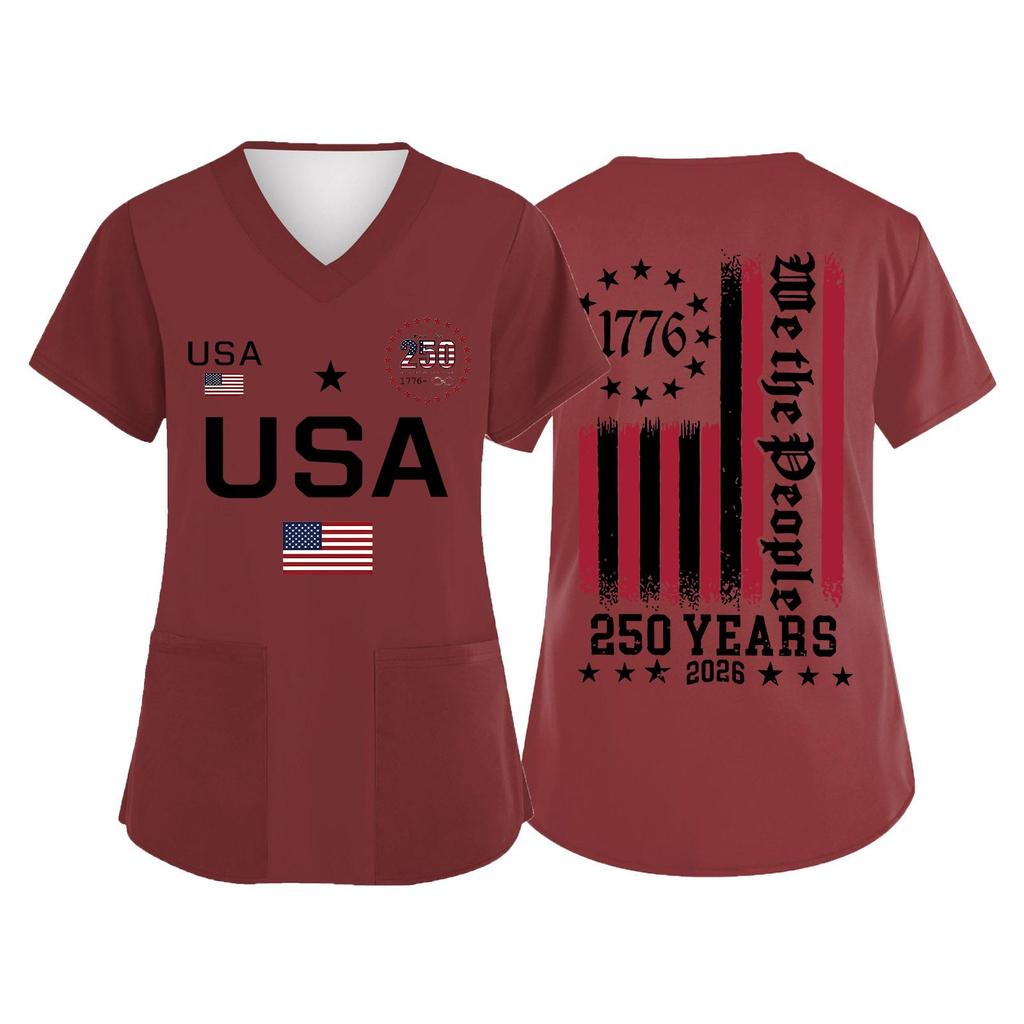 Women's V Neck Short Sleeve Work Shirt with Pockets USA Independence Day Print Medical Uniform Top for Caregivers and Healthcare Professionals