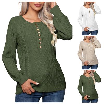 Women's Fashion Solid Button Twisted Long Sleeve Dough Twists Knitting Pullover Blouse Women